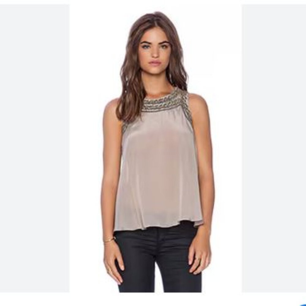 Parker Estee Taupe Beaded Silk Tank Top, S
